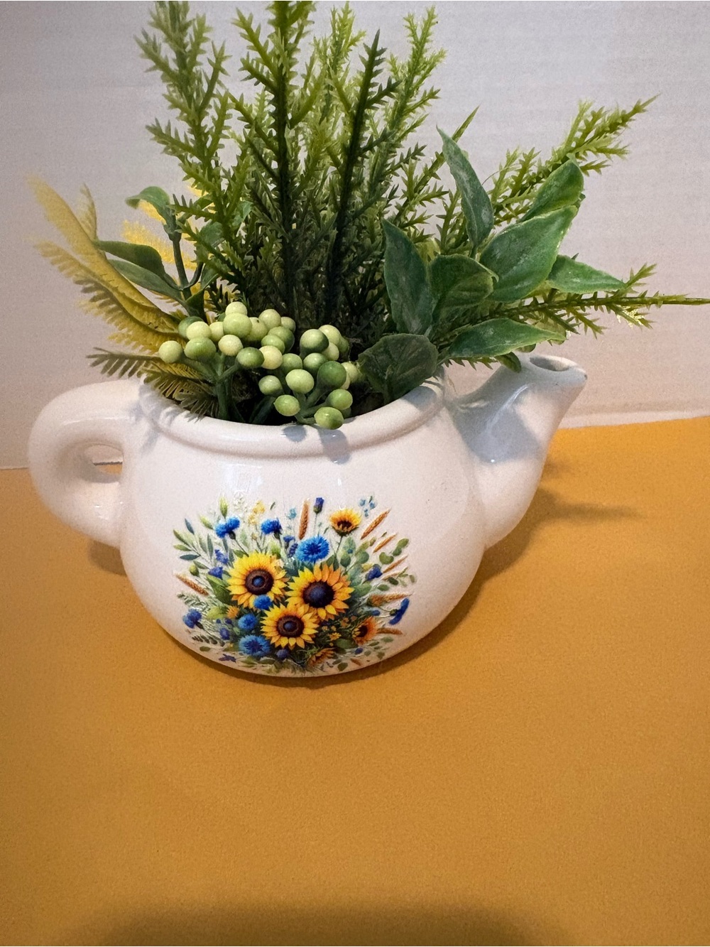 Ceramic Sunflower Teapot Planter - White